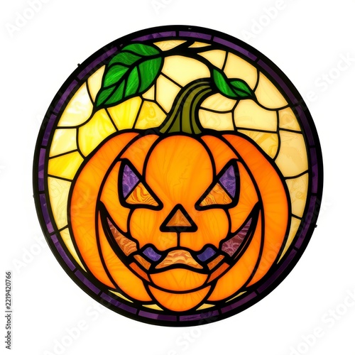 Halloween stained glass jack o lantern pumpkin round panel