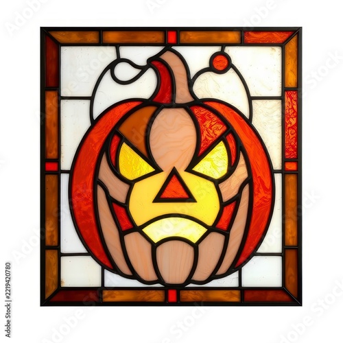 Halloween stained glass jack o lantern panel on white background