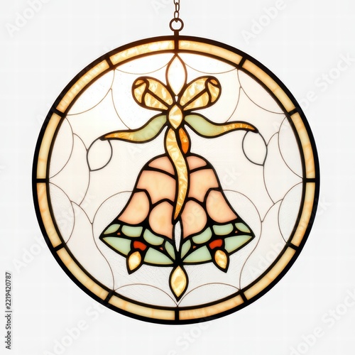 Stained glass panel with wedding bells and bow motif