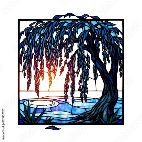 Stained glass window depicting blue weeping willow tree at sunset