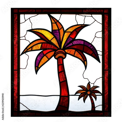 Stained glass panel with vibrant colorful palm trees