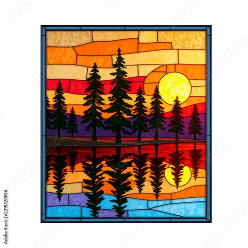 Stained glass forest landscape with sunset reflection