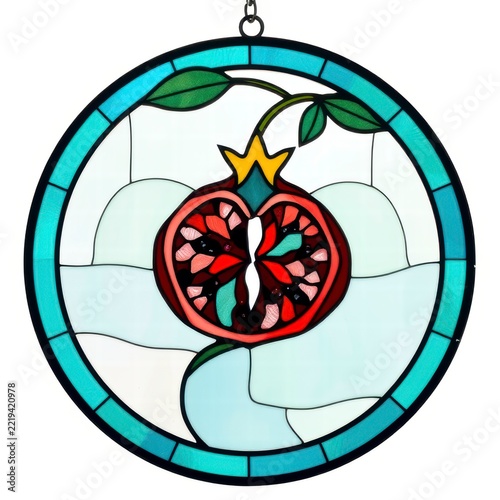 Stained glass panel with a cut pomegranate fruit on white background