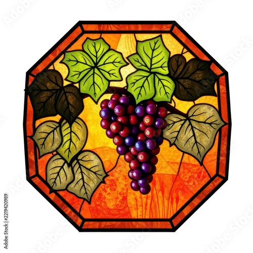 Stained glass grape vine with purple grapes and green leaves