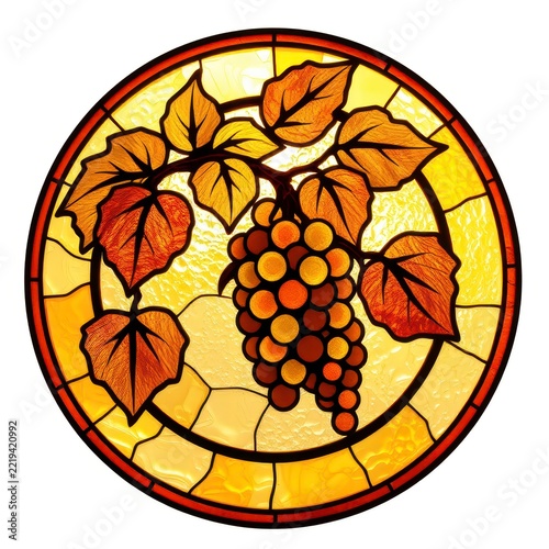 Round stained glass window with grapes and autumn leaves