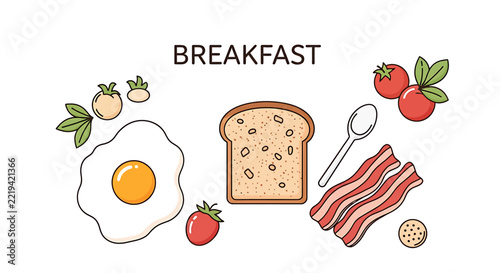 Continental breakfast set line art with toast and egg