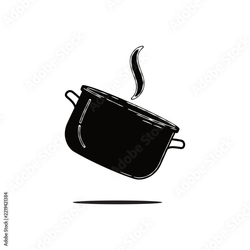 Black boiling cooking pot with steam vector icon