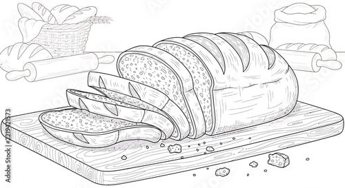Detailed sketch of a sliced loaf of bread on a board