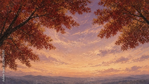 Red autumn maple branches framing a sunset sky with copy space