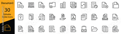 Document and file management line icon set featuring digital documents, folders, reports, invoices, checklists, certificates, paper files, document search, file organization. Editable Strokes.