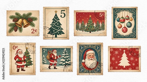 PNG Vintage festive postage stamps collection, element set on transparent background