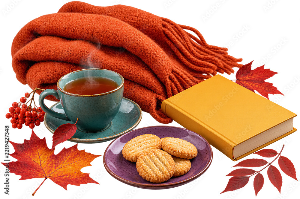 Fototapeta premium Cozy autumn composition featuring steaming tea in turquoise mug, orange knit scarf, yellow book, cookies, and maple leaves, isolated on transparent background.
