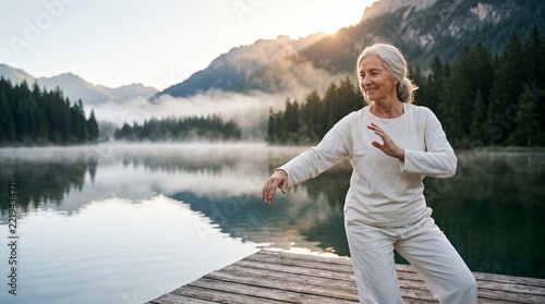 Senior woman practicing tai chi on a wooden dock by a mountain lake