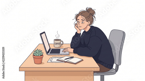 Frustrated woman working at desk with laptop in home office