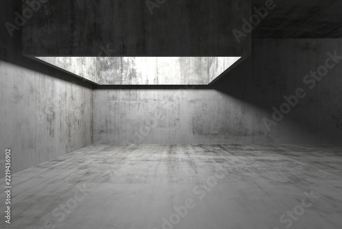 Concrete gallery room with large rectangular skylight for architectural background and interior design presentation