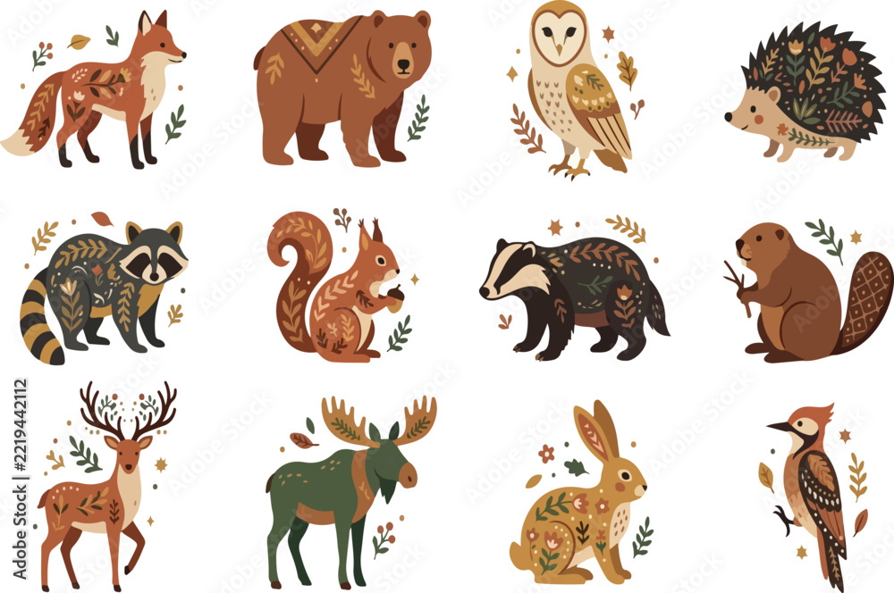 Fototapeta premium Cute Forest Animals Vector Set: Woodland Wildlife Characters Bear, Owl, Deer, and Squirrel Clipart