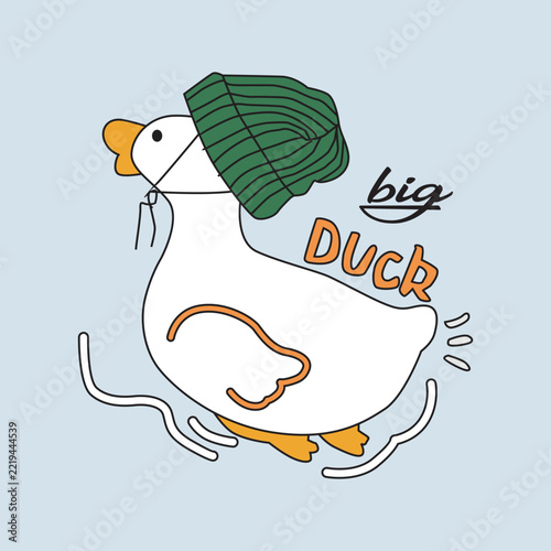 Funny Cartoon White Duck with Green Leaf Hat and Playful Hand Drawn Design