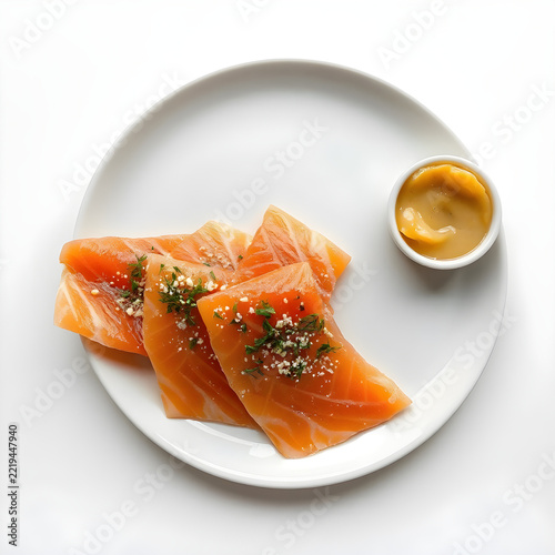Traditional Nordic gravlax cured salmon slices with dill isolated on white background.