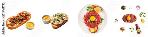 Set with Traditional Belgian filet américain raw minced beef spread with capers and egg yolk isolated on white background.