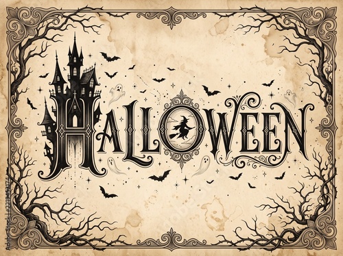 Vintage Grunge Halloween Background with Distressed Paper Texture, Retro Decorative Frame and Spooky Silhouette Elements, Antique Vector Illustration for Party Poster and Holiday Card Design