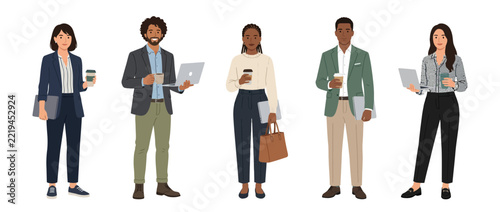 Diverse Business Professionals with Laptops and Coffee, Standing Together