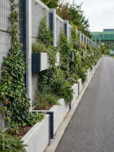 Modern Vertical Garden Sound Barrier Wall with Lush Green Climbing Plants and Concrete Planters Along an Asphalt Path for Sustainable Urban Infrastructure and Eco-Friendly City Landscape Design Concep