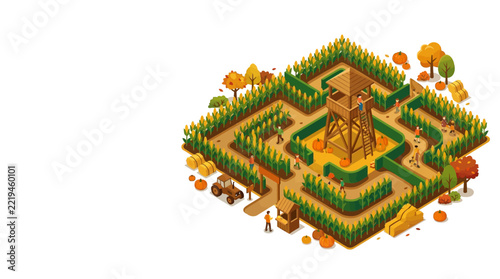 Autumn Corn Maze with Watchtower and Pumpkins - Isometric View