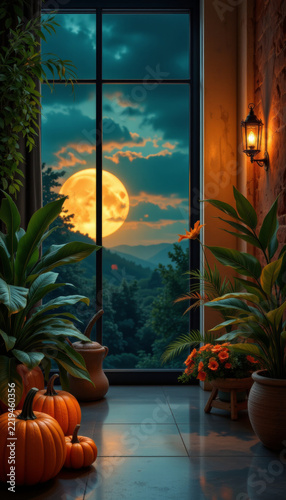 Full moon glowing through window with autumn pumpkins and green plants inside cozy room, warm light creating peaceful Halloween atmosphere