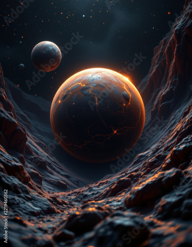 Volcanic planet with glowing lava cracks floating in space surrounded by rocky terrain and distant stars creating mysterious cosmic scene