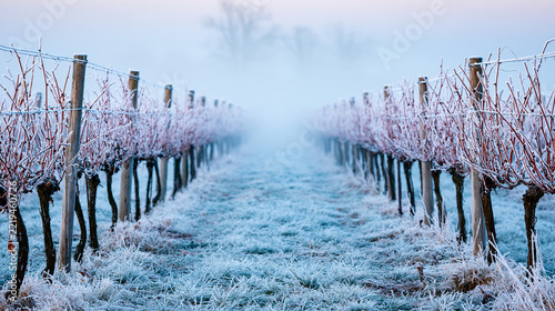 Frost-covered vineyard rows stretch into a misty horizon, creating a serene winter landscape with bare vines and icy grass.