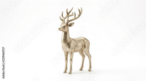 Golden deer statue with antlers standing on white background