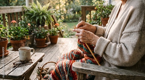 Senior woman sitting on a wooden porch knitting a colorful woolen blanket with coffee cup and plants.