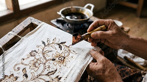 Traditional artisan hands creating handmade batik cloth using a canting tool and hot wax.