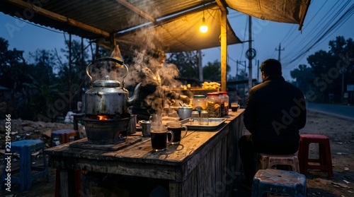 Traditional roadside stall serving hot tea and coffee in the early morning.