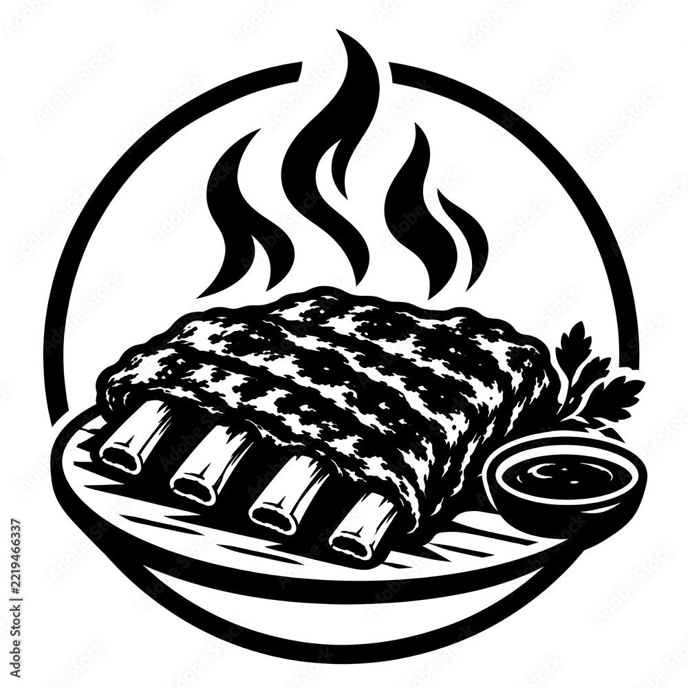 Fototapeta premium Logo iga bakar bergaya ilustrasi vektor dengan warna hitam putih. Menampilkan iga bakar dengan tekstur daging panggang, garis-garis bekas bakaran, tulang iga yang terlihat jelas, dan asap yang mengepu