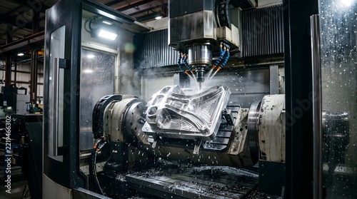 Modern CNC milling machine cutting metal component with coolant spray in industrial factory workshop.