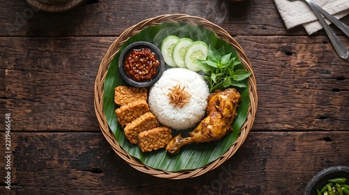 Traditional Indonesian culinary dish Nasi Ayam Penyet with fried chicken and sambal.