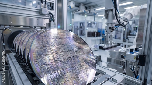 Advanced semiconductor silicon wafer manufacturing process inside a high tech cleanroom factory.