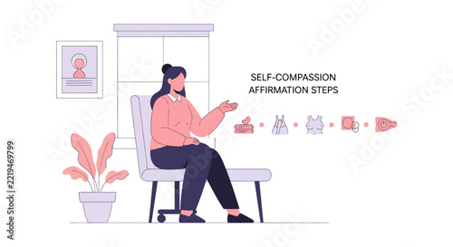 Woman practicing self-compassion and affirmation steps in a therapy session