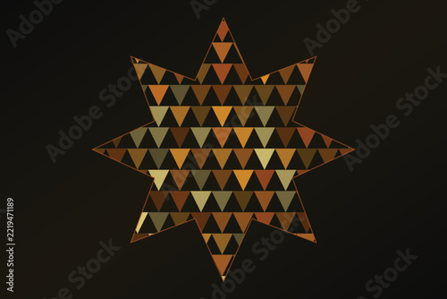 An eight pointed star outline filled with a mosaic of earth toned triangles on a deep brown background