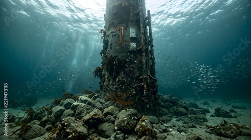 Underwater view of an old industrial pier piling covered with marine growth and fish.