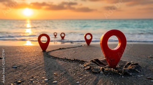 Red map pins on tropical sandy beach at sunset, navigation markers for travel destinations and vacation planning, conceptual GPS location icons on sand with ocean waves background.