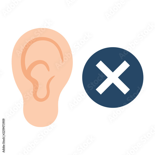 Deafness concept icon with ear and cross symbol on white background for medical design