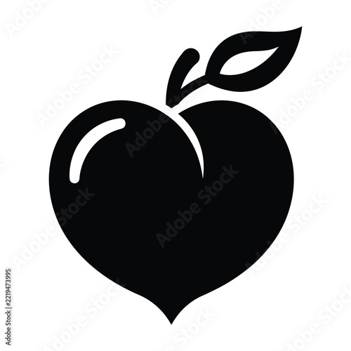 Black apple icon with leaf on white background symbolizing fresh fruit, healthy food, and nature