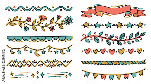 Hand Drawn Decorative Borders Vector Set, Cute Doodle Floral Ribbon and Bunting Dividers, Whimsical Page Ornaments