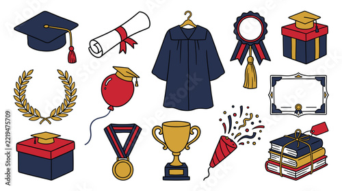 Graduation ceremony icons set, academic celebration elements vector, mortarboard diploma and trophy collection