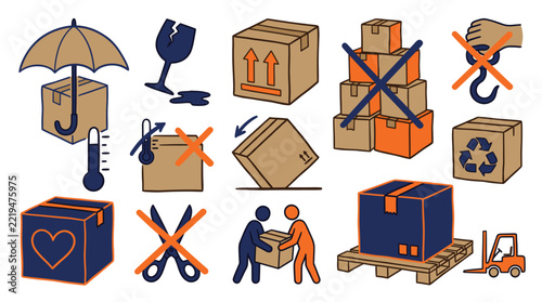 Packaging handling symbols and shipping warning icons, fragile cargo signs for delivery boxes, logistics carton vector set