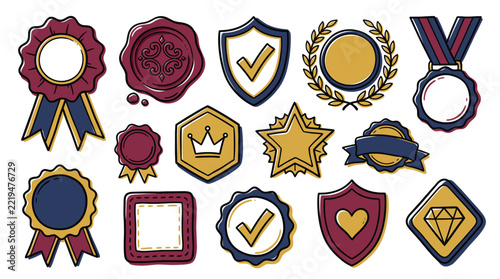 Vintage Award Badges and Medal Vector Set, Heraldic Quality Stamps, Golden Certificate Seal Labels and Ribbons