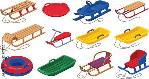 Obraz na plátně Winter Sled and Snow Sleigh Vector Set with Snow Tube and Toboggan Clip Art for