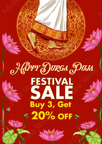 A4 Durga Puja Sale Advertisement Design for Retail Marketing and Festive Discounts , Indian Festive Shopping Sale Poster ,Durga Puja Special Offer Poster Template for Boutiques, Clothing Stores and Bu